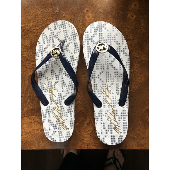 Michael Kors Jet Set Flip Flop Sandals Navy Blue White Gold MK Logo US Size 10 - Picture 1 of 7
